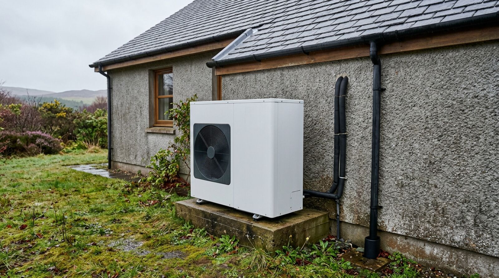 Air source heat pump beside the harled wall of a Scottish cottage