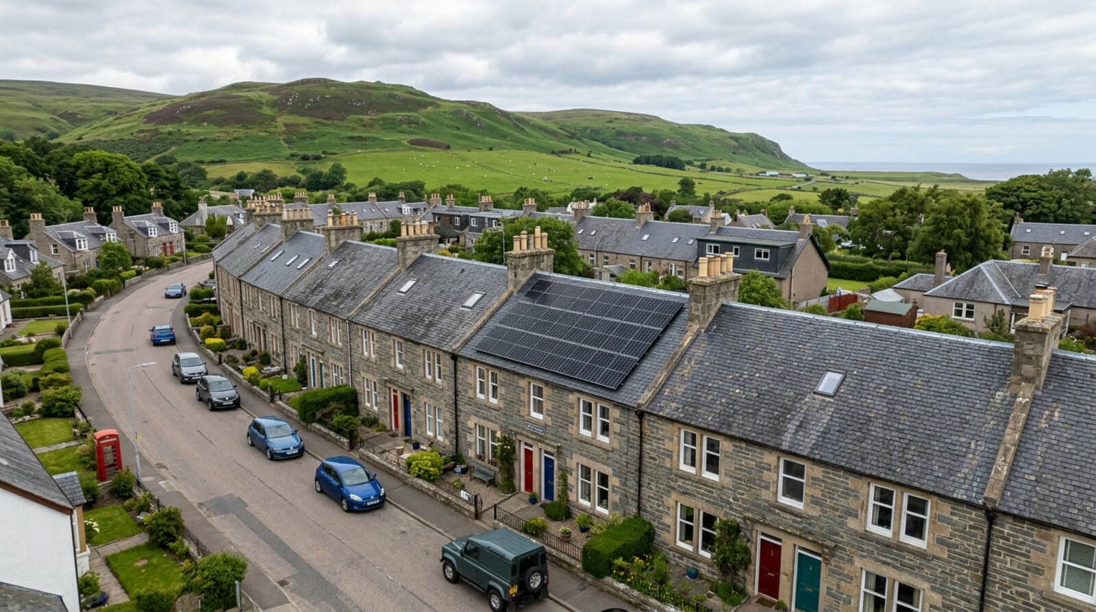 Scottish stone terrace with black solar panels on a slate roof