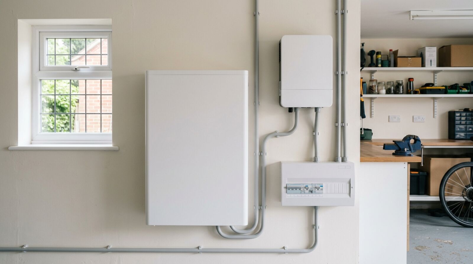 Home battery modules and hybrid inverter fitted on a utility room wall